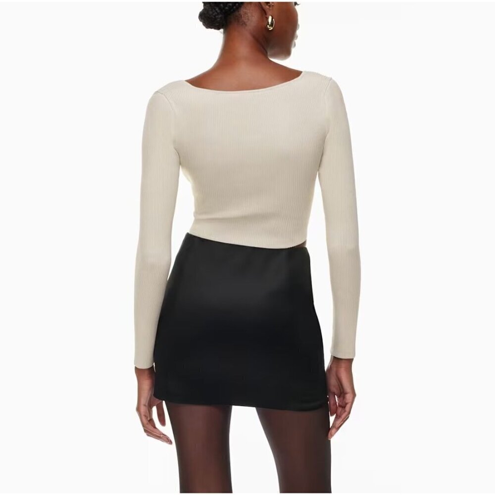 Ten by Babaton NWT Sculpt Knit Greek Longsleeve Cropped Crisscross Matte Pearl L - Picture 2 of 8